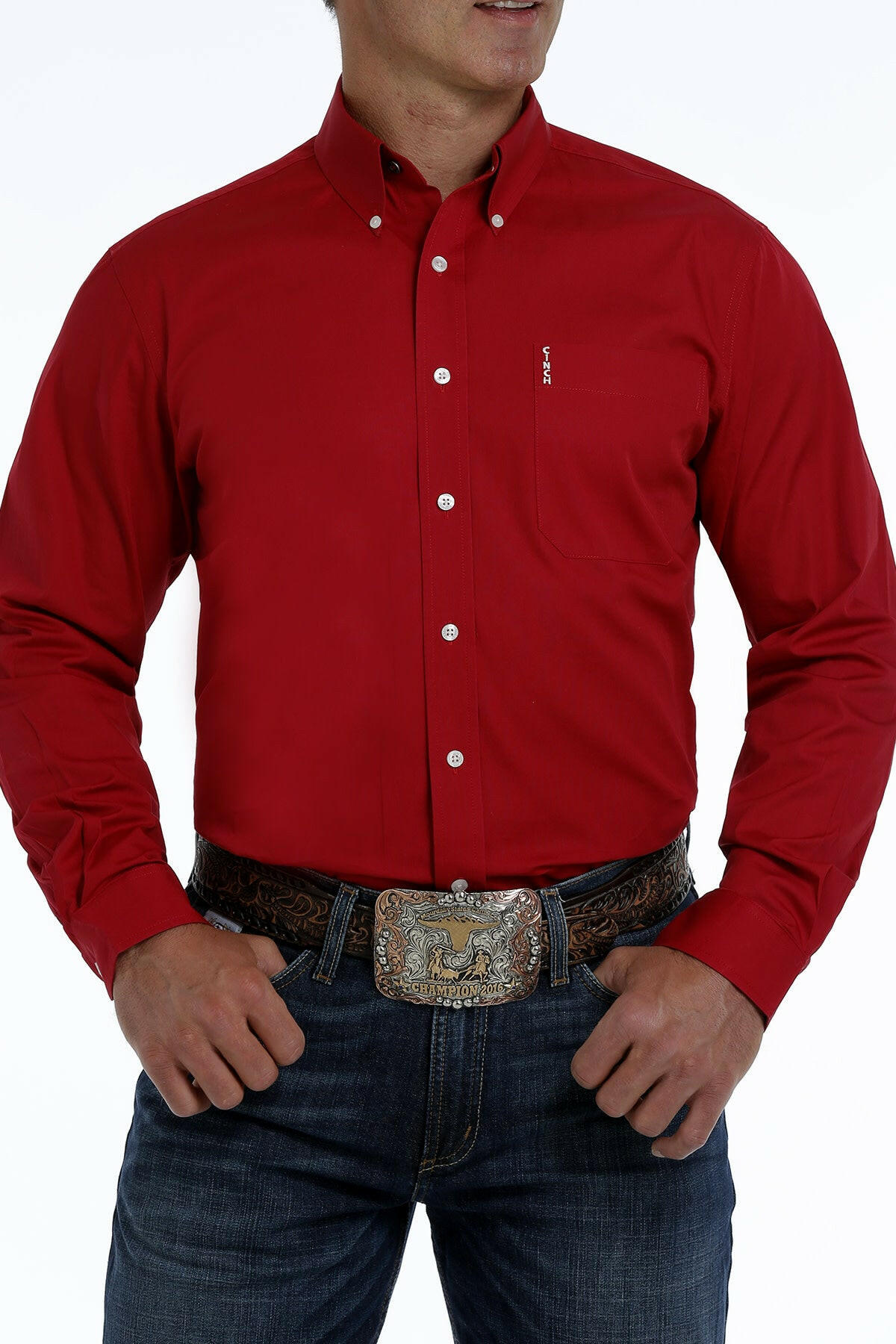 Cinch Men's Red Modern Fit Button Down Shirt.