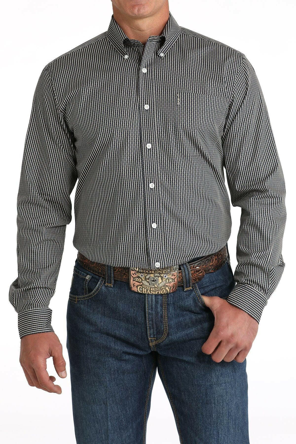 Cinch Men's Black Stripe Modern Fit Button Down Shirt.
