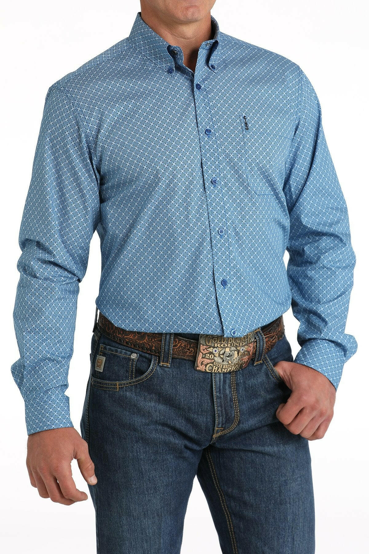 Cinch Men's Blue Printed Modern Fit Long Sleeve.