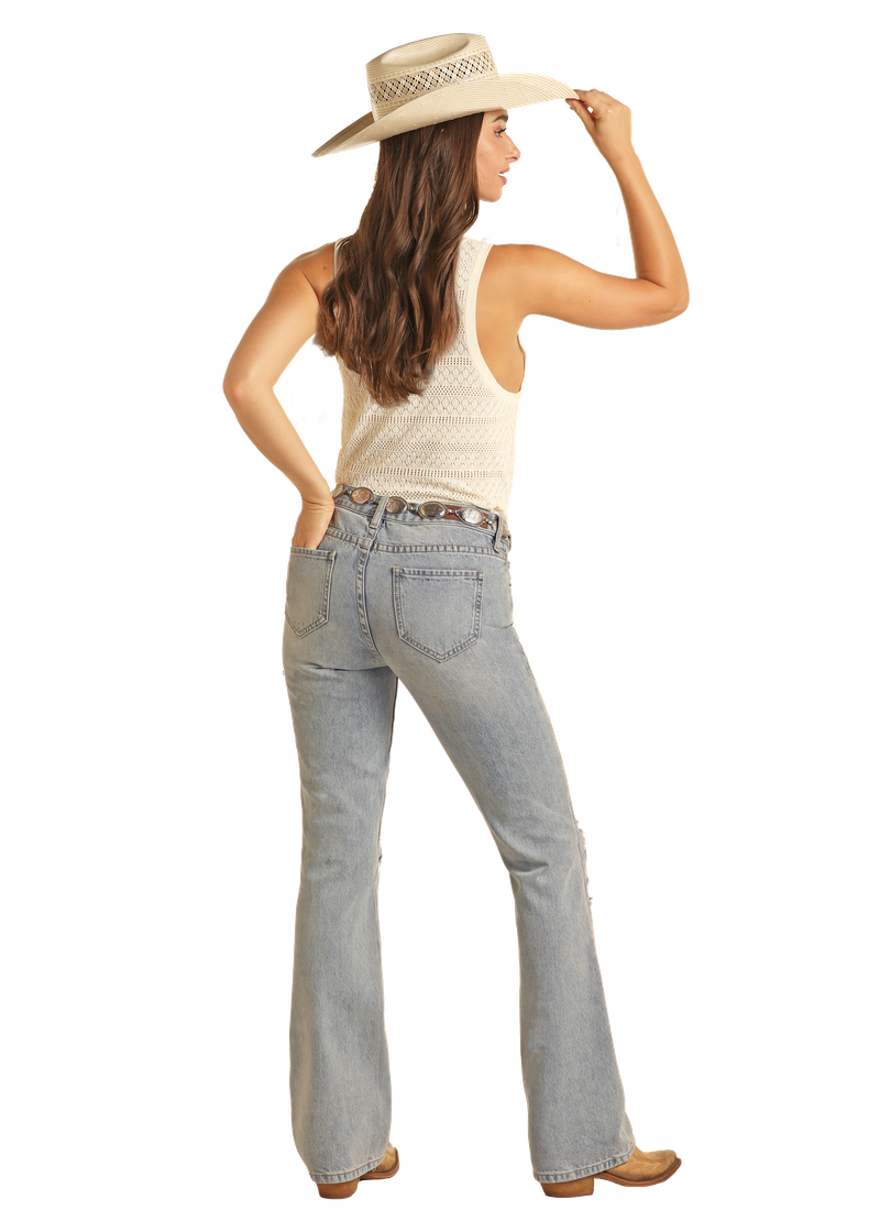 Rock & Roll Women's Light Wash Mid Rise Bootcut Jean.