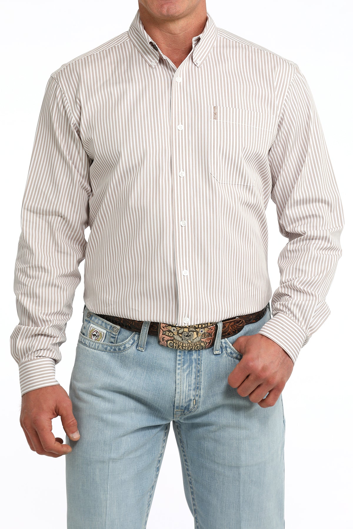 CINCH MNS LS BUT KHAKI STRIPES MTW1347157.
