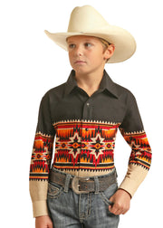 Panhandle Boy's Black Aztec Long Sleeve Shirt.