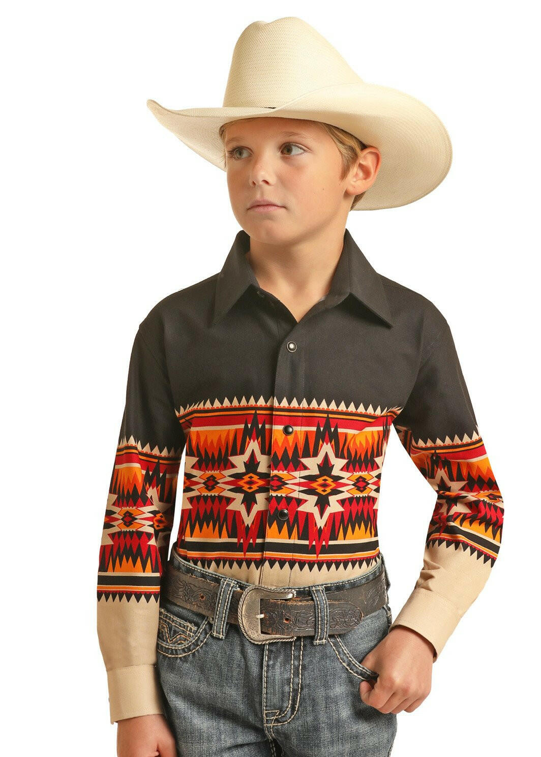 Panhandle Boy's Black Aztec Long Sleeve Shirt.