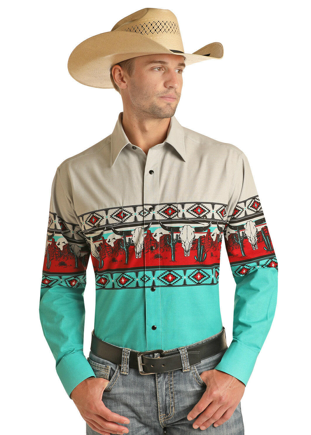 Panhandle Men's Silver Steer Skull Long Sleeve Shirt.
