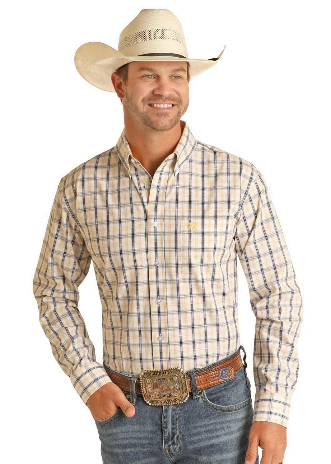 Panhandle Men's Yellow/Navy Plaid LS Shirt PSMSODRZ6L.