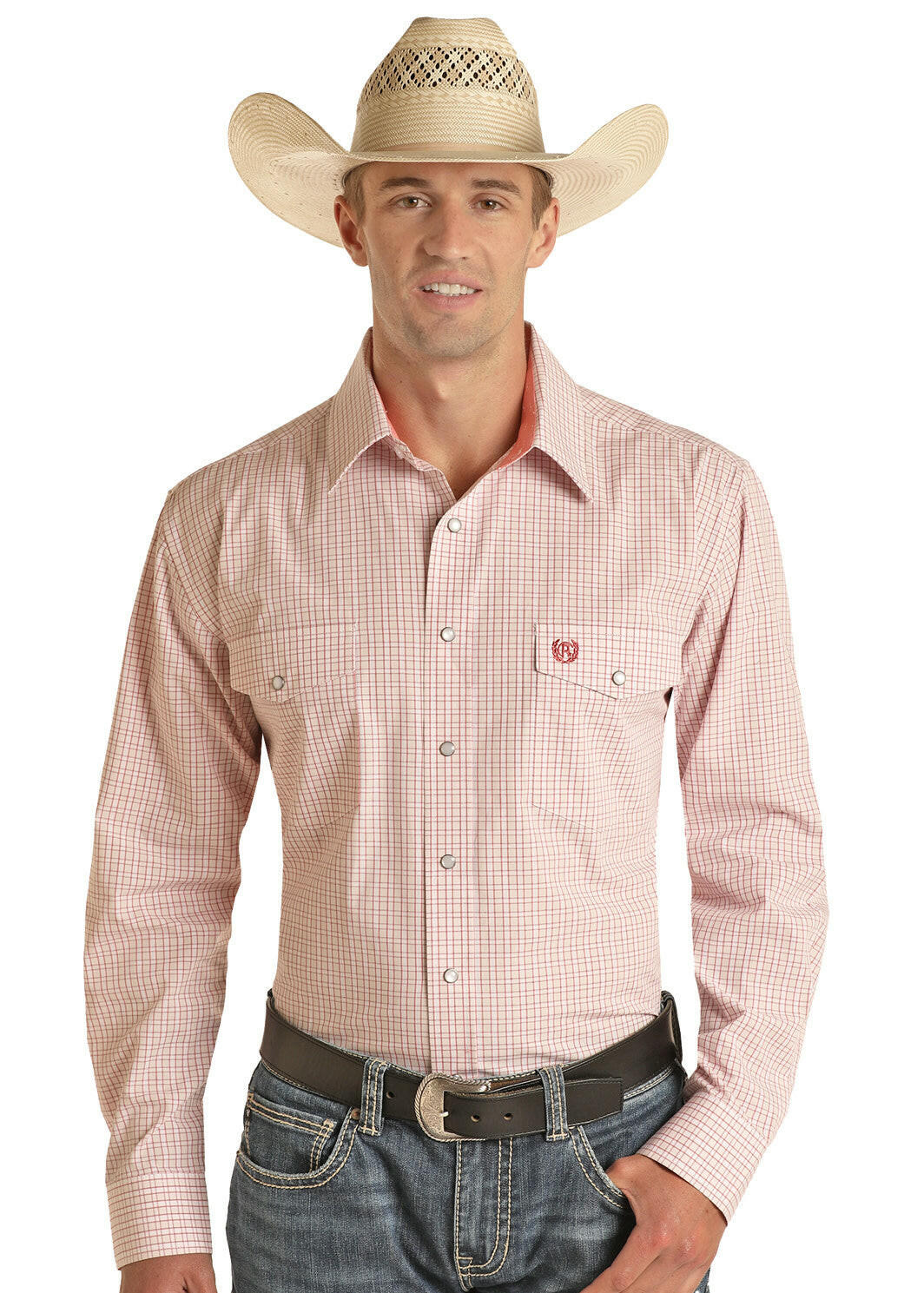 Panhandle Men's Peach Plaid Snap Shirt.
