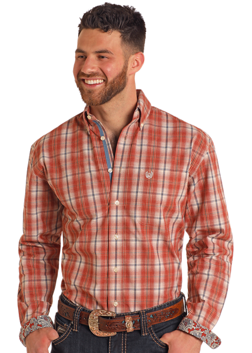 Rough Stock Men's Dobby Plaid Button Down Shirt.