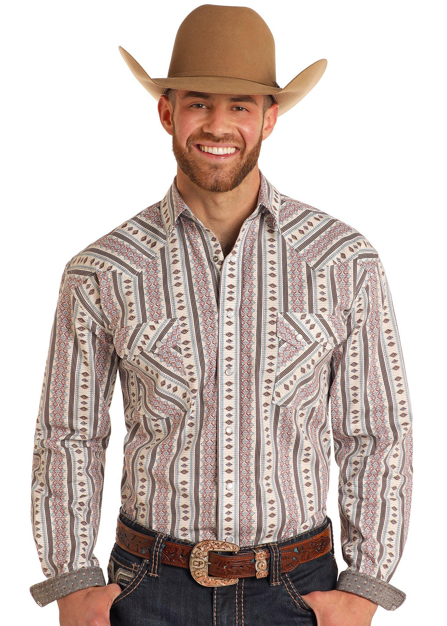 Rough Stock Men's Aztec Wallpaper Stripe Snap Front Shirt.
