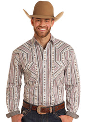 Rough Stock Men's Aztec Wallpaper Stripe Snap Front Shirt.