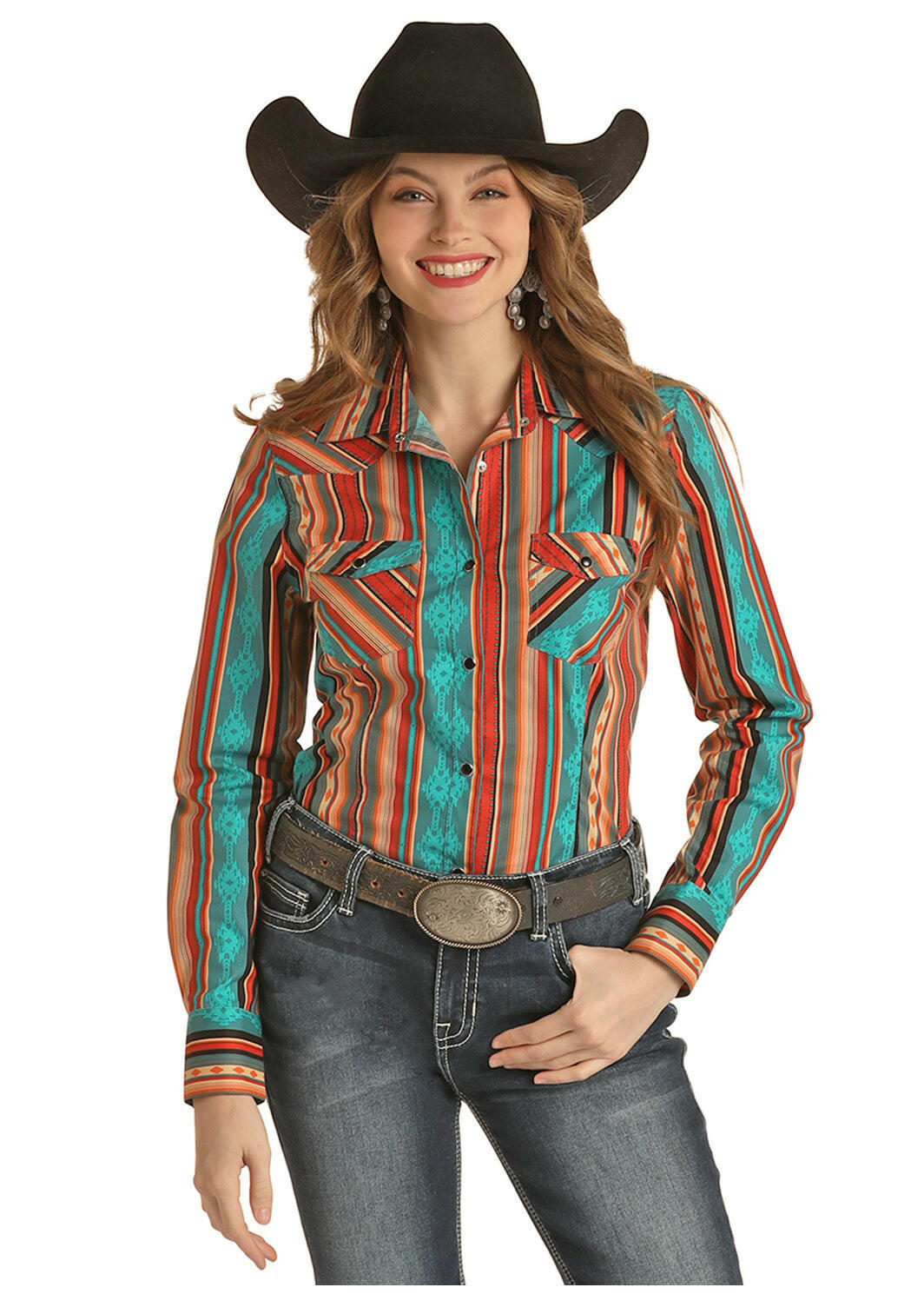 Rock & Roll Cowgirl Ladies Aztec Stripe Snap Front Shirt C3.