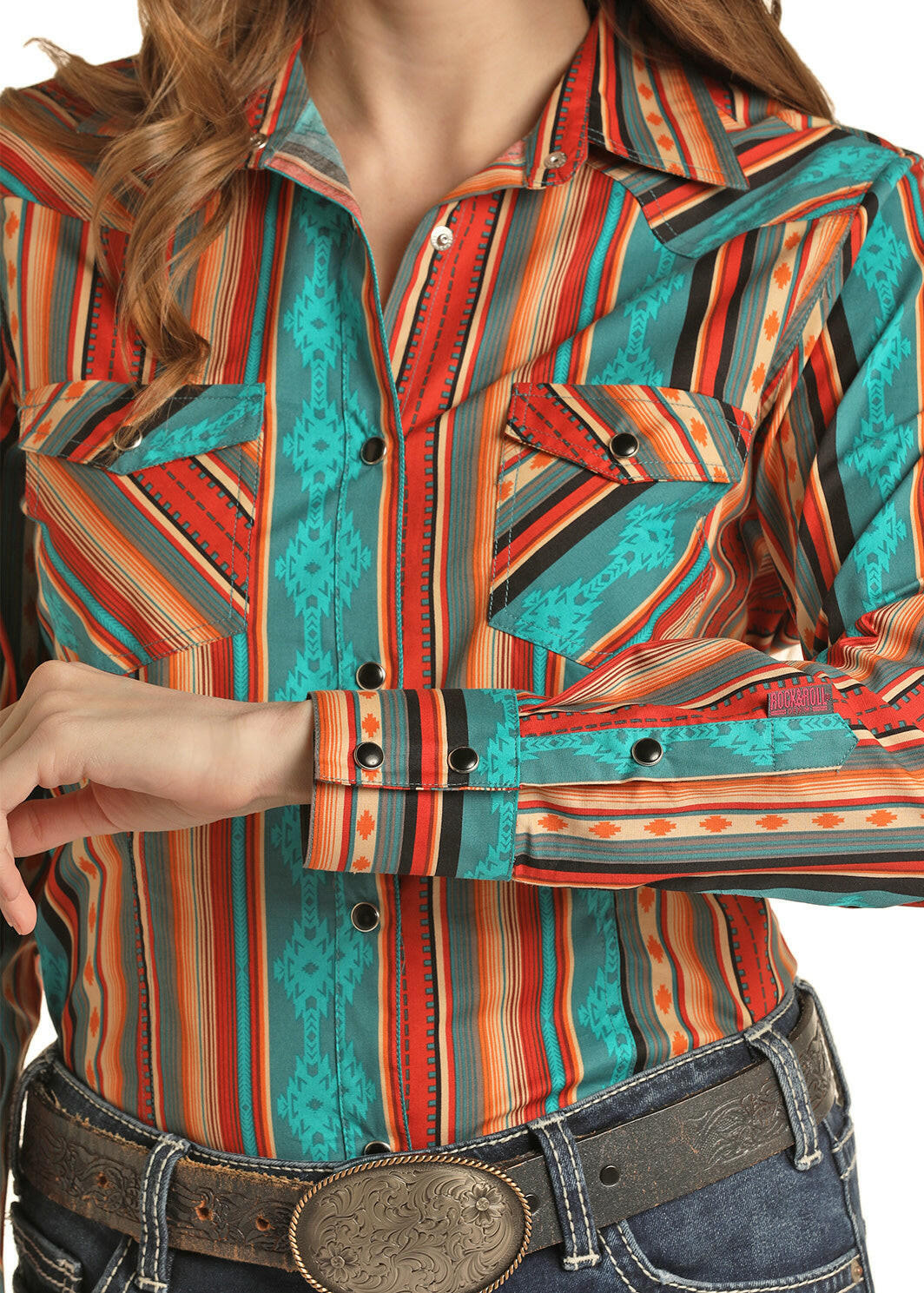 Rock & Roll Cowgirl Ladies Aztec Stripe Snap Front Shirt C3.