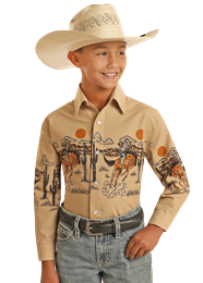 Panhandle Boy's Bronc Border Print Snap Front Shirt.