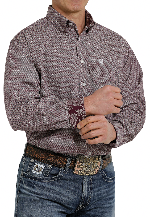 Cinch Men's Purple Geometric Print Button Down Shirt.