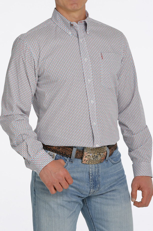 Cinch Men's Red, White, and Blue Patterned Shirt C3.