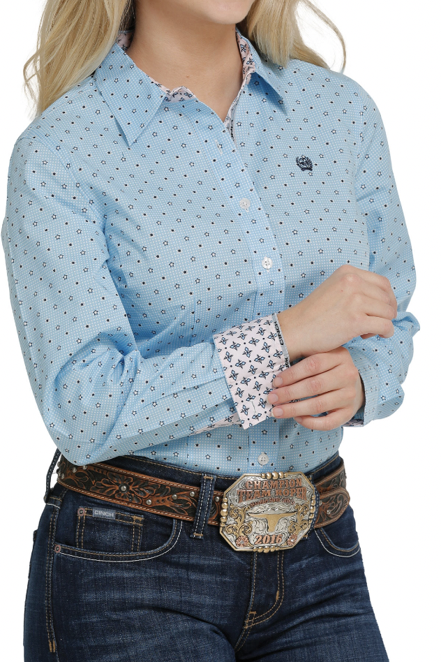 Cinch Ladies Light Blue Stars Long Sleeve Shirt.
