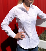 Panhandle Ladies White Poplin Long Sleeve Shirt.
