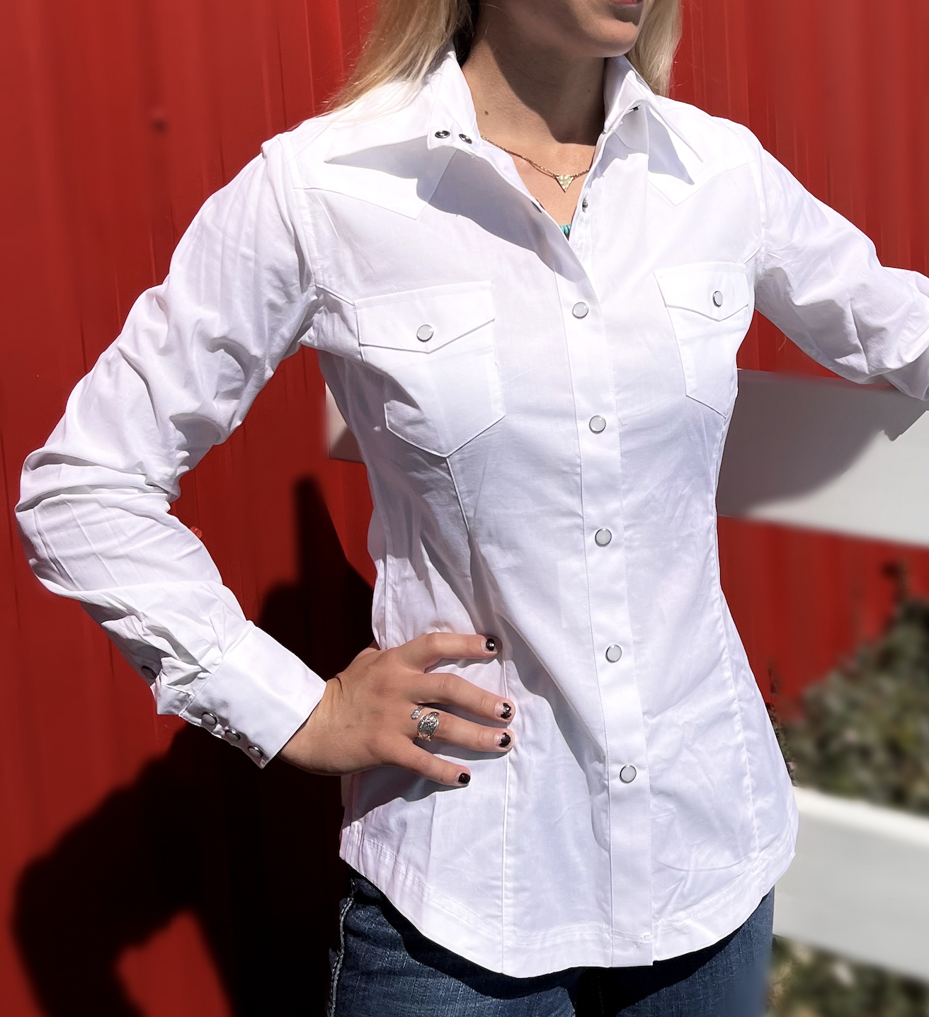 Panhandle Ladies White Poplin Long Sleeve Shirt.