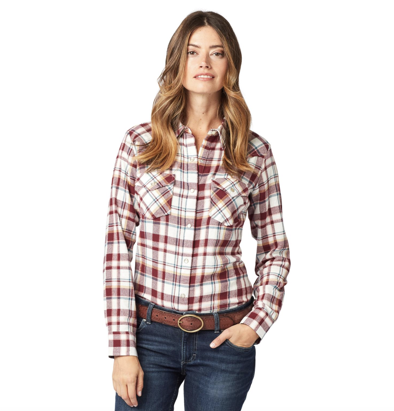 Wrangler Ladies Wine Plaid Flannel Shirt.