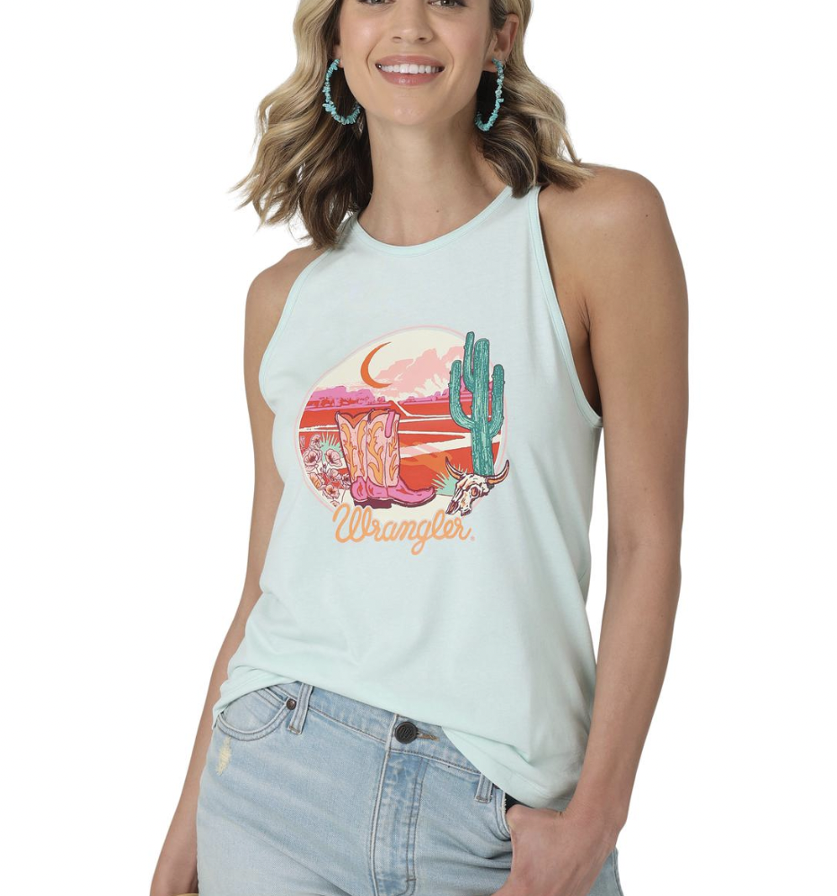 Wrangler Women's Aqua Graphic Tank Top.