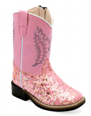 Old West Toddler Pink Glitter Square Toe Boot.