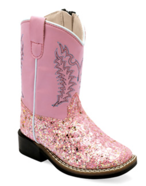 Old West Toddler Pink Glitter Square Toe Boot.