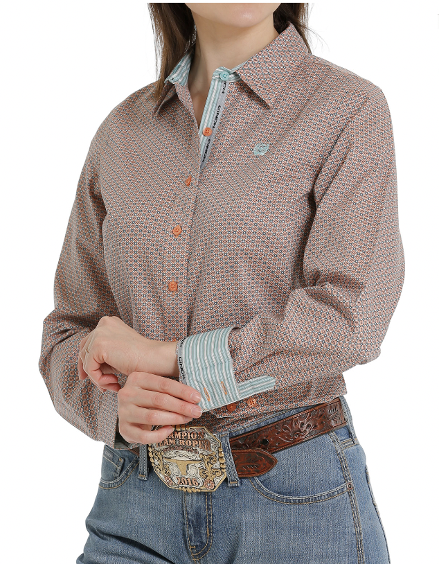 Cinch Women's Coral Patterned Long Sleeve Shirt.