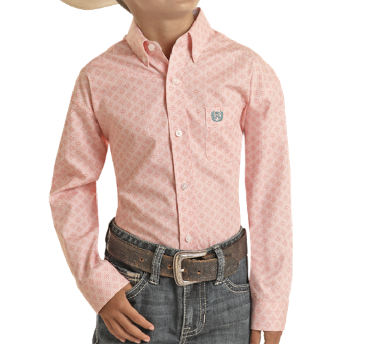 Rock & Roll Cowboy Boy's Melon Long Sleeve Shirt Size Large.