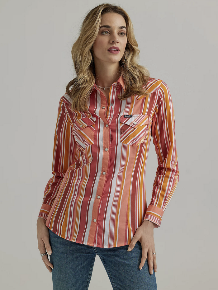 Wrangler Women's Striped Snap Long Sleeve Shirt.