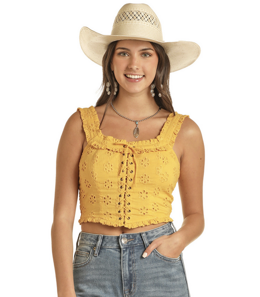 Rock & Roll Cowgirl Gold Eyelet Tank Top.