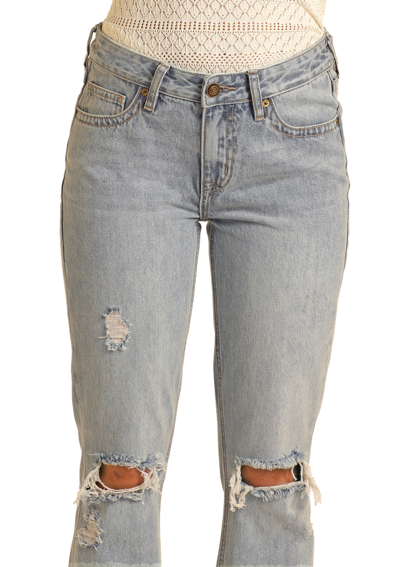 Rock & Roll Women's Light Wash Mid Rise Bootcut Jean.