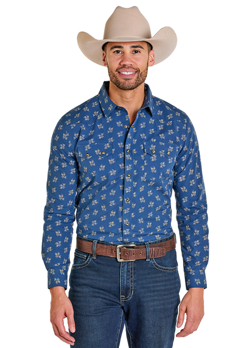 Panhandle Men's Blue Patterned Snap Front Shirt PMN2S07504