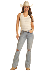 Rock & Roll Women's Light Wash Mid Rise Bootcut Jean.