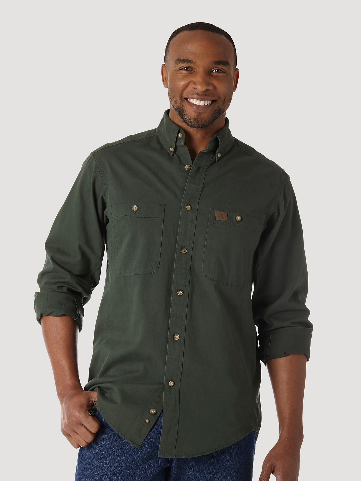 Wrangler Men's Riggs Workwear Forest Green Solid Twill Button Down Shirt 3W501FG