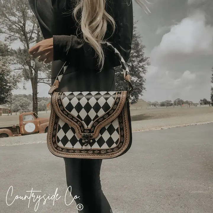 COUNTRYSIDE TOOLED LEATHER CHECKERED HANDBAG.