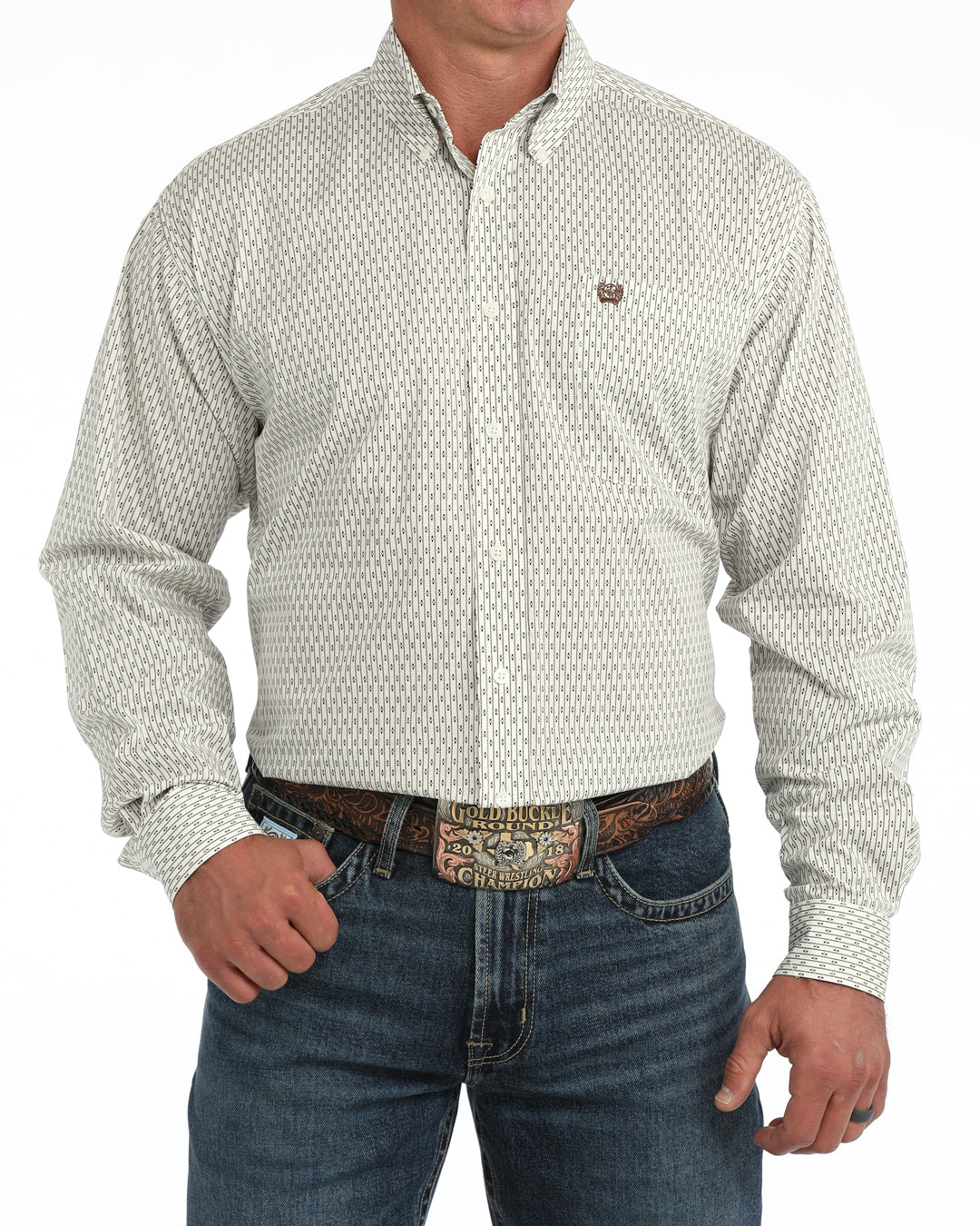 Cinch Men's Stripe Print Cream LS MTW1106156.