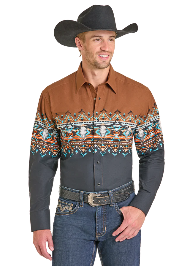 Panhandle Slim Men's Aztec Skull Border Print Snap Front Shirt
