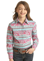Rock & Roll Cowgirl Bright Aztec Stripe Snap Front Shirt.
