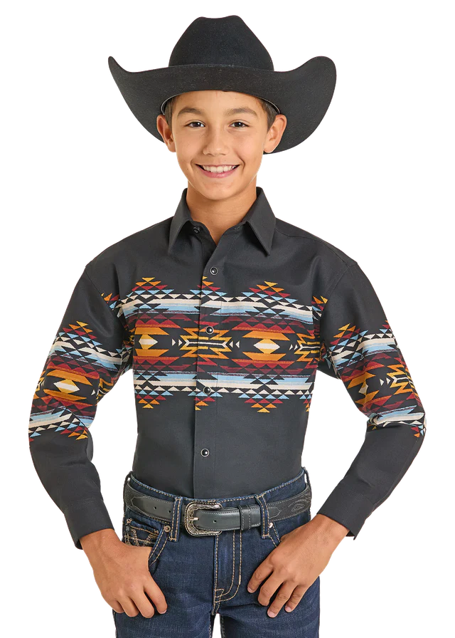 Panhandle Boy's Aztec Border Print Snap Front Shirt