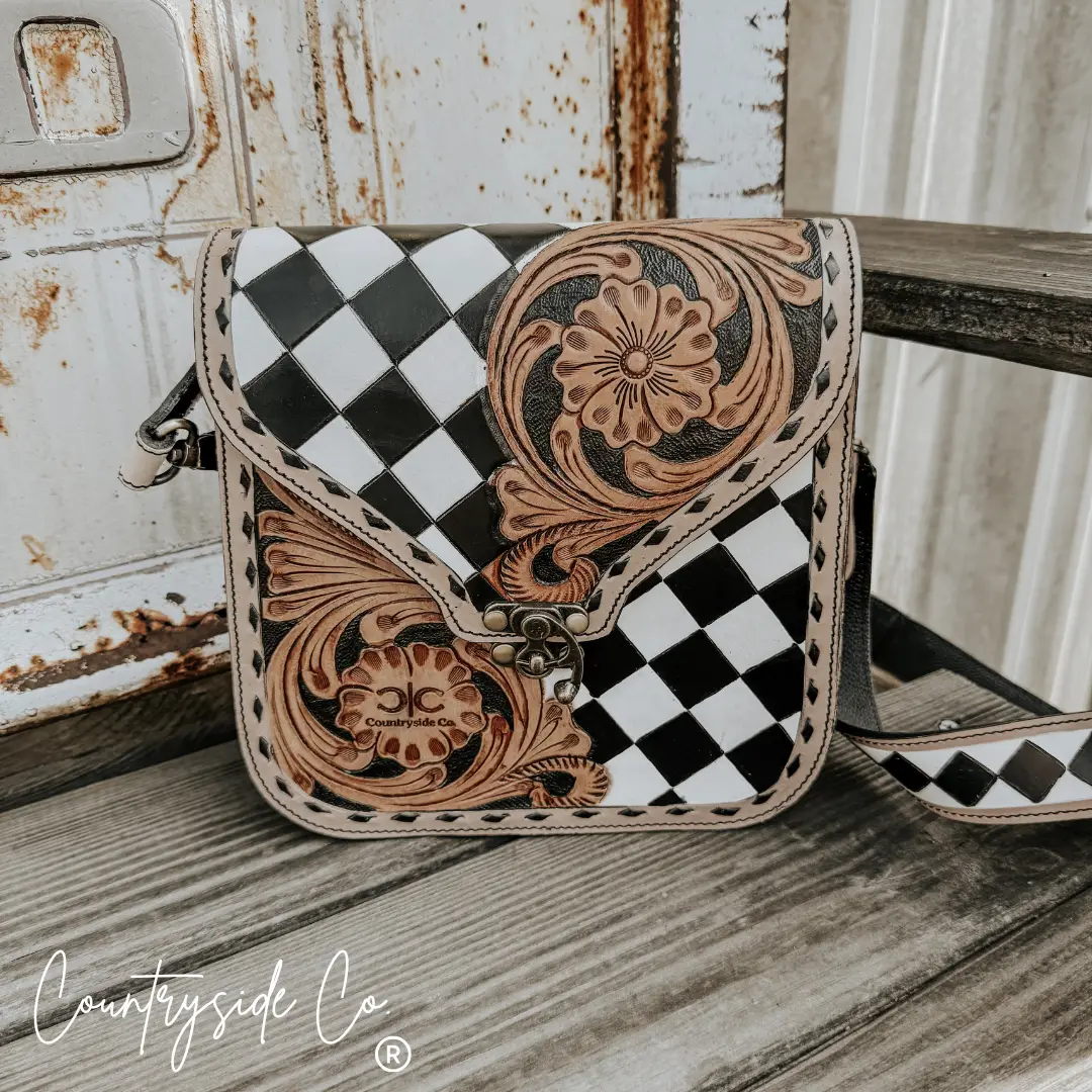 COUNTRYSIDE MELROSE TOOLED LEATHER CHECKERED HANDBAG.